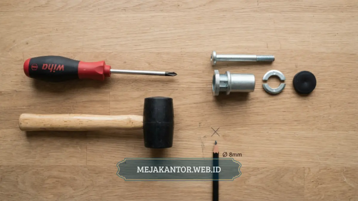 Kumpulan alat dasar untuk memasang camlock meja kantor