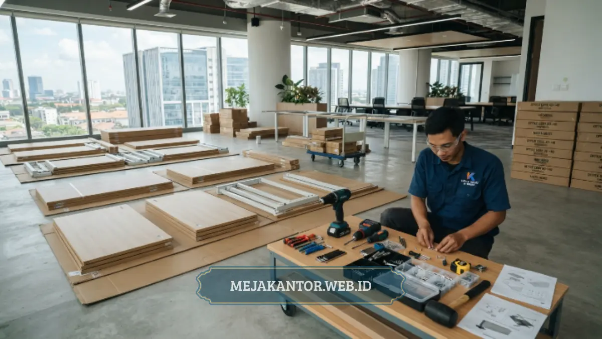 Area kerja yang disiapkan untuk merakit meja kantor knock down