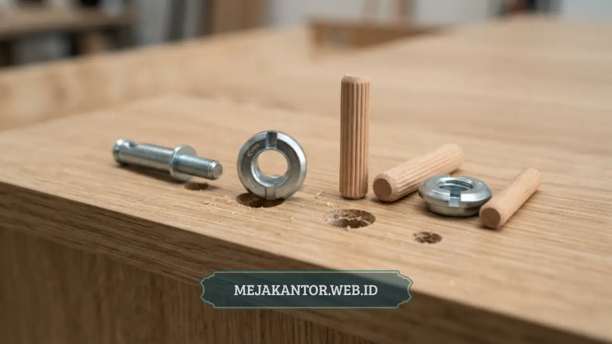 Komponen camlock dan dowel sebelum dipasang pada panel meja kantor