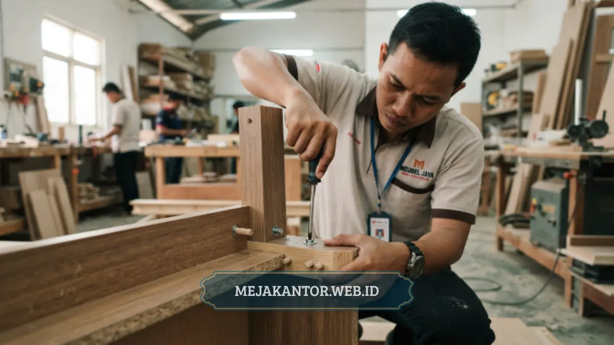 Proses mengencangkan mur camlock pada rangka meja kantor