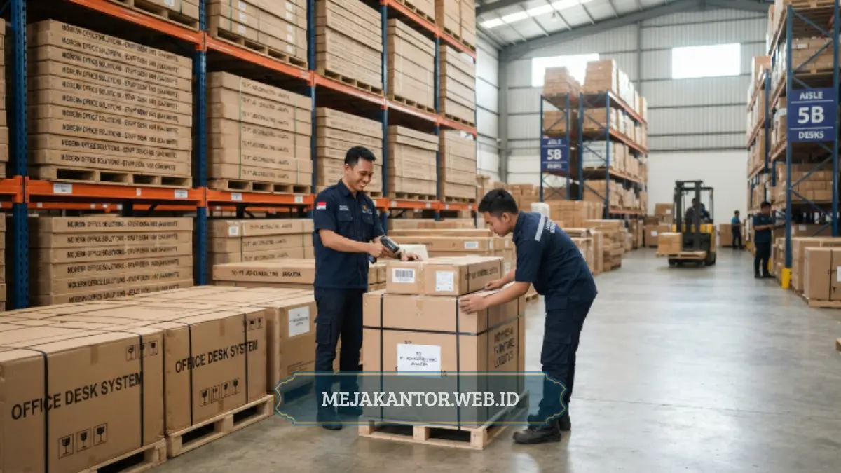 Distributor meja staff menyiapkan stok di gudang untuk pengiriman ke kantor