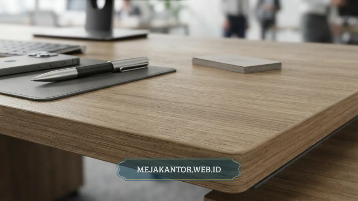 Detail material permukaan meja staff kantor berlapis HPL