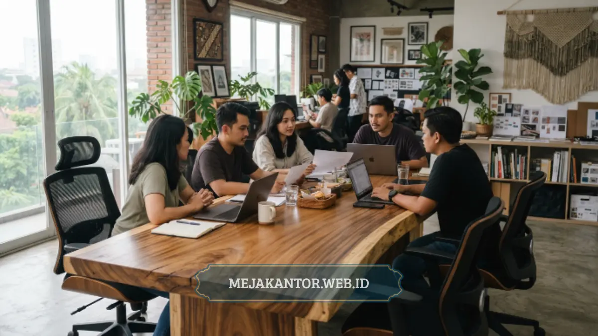 Contoh desain meja rapat kayu untuk tim kreatif