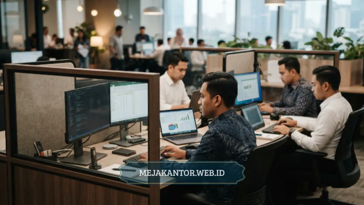 karyawan bekerja fokus di balik partisi kantor