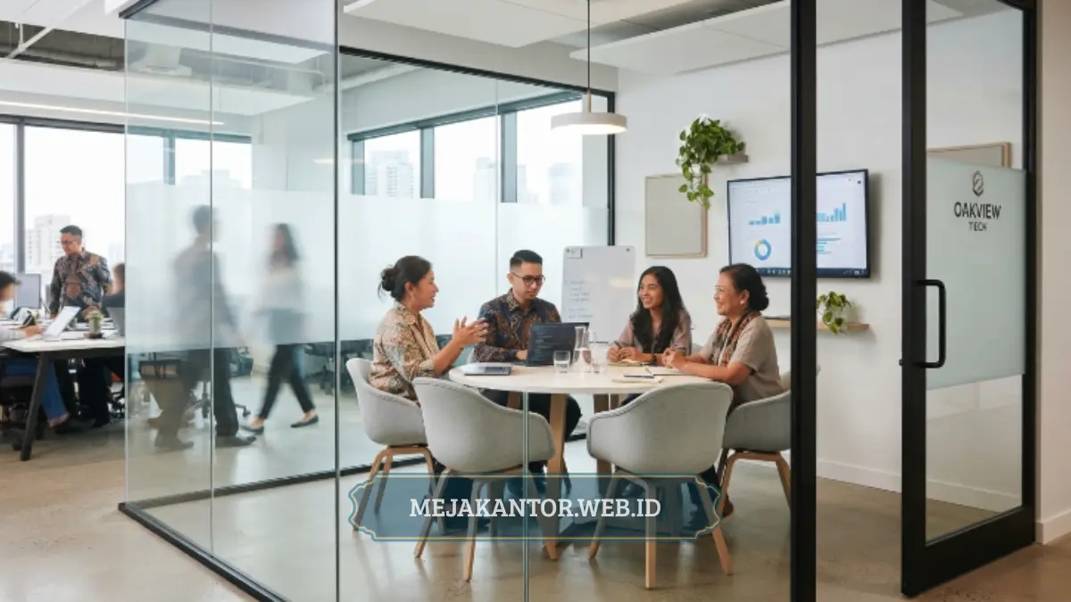 Ruang meeting kecil dengan meja kompak di kantor modern